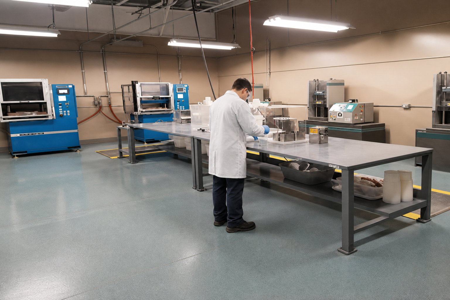 Technician testing concrete samples in the Fall Line Minerals lab in Wrens, Georgia