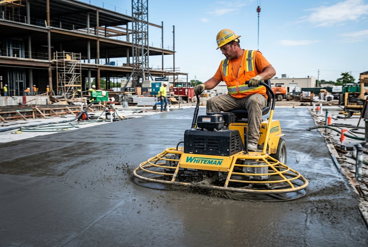 Worker finishing a MetaSphere concrete slab with a power trowel