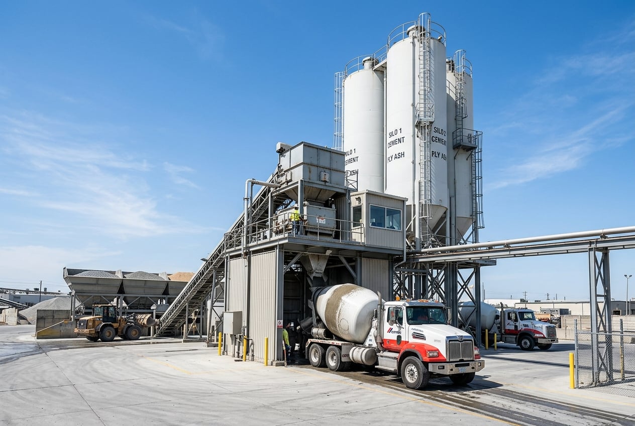 Pneumatic tanker truck delivering material to a concrete batch plant