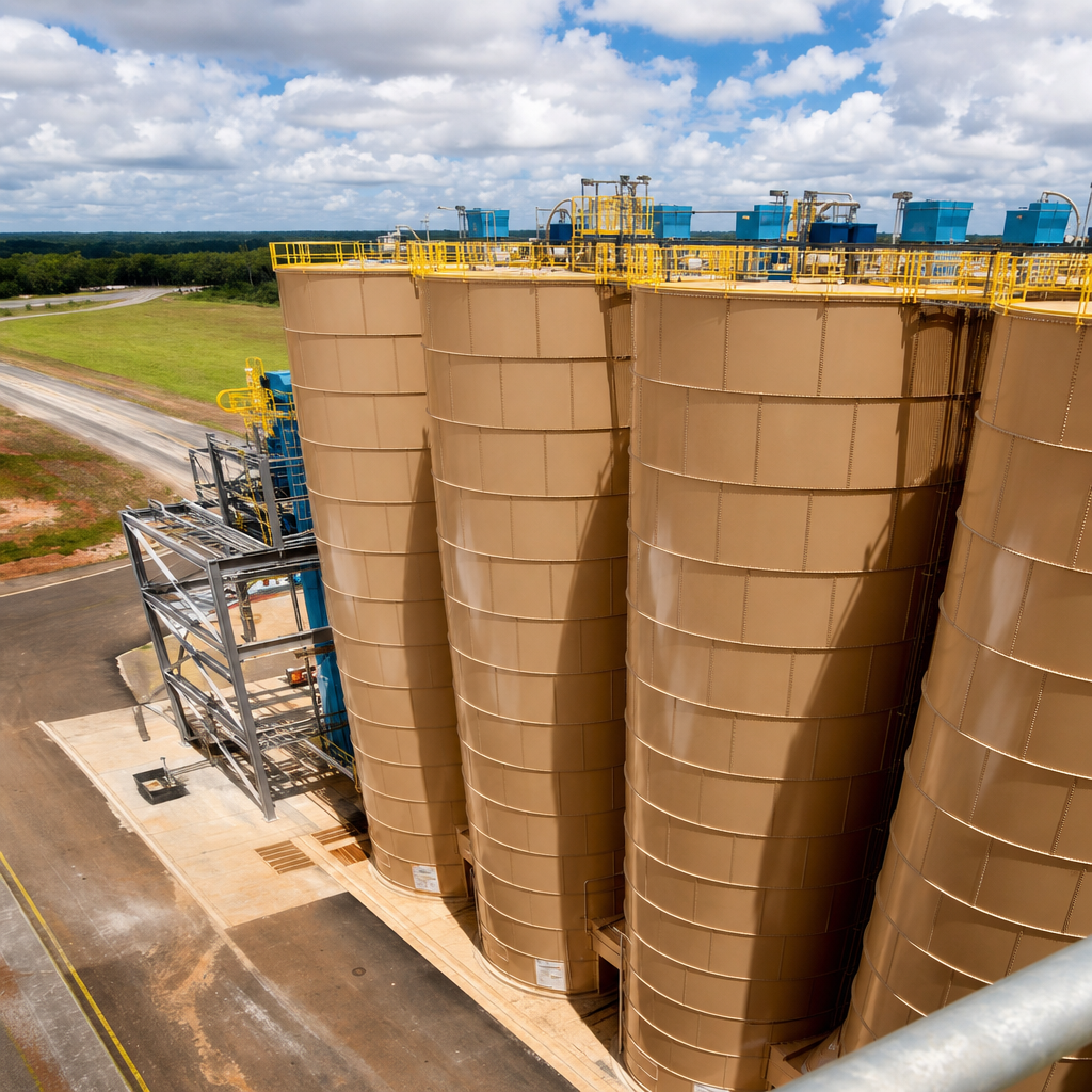 Storage silos at the Fall Line Minerals facility in Wrens, Georgia